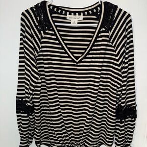 skye’s the limit black and white stripe long sleeve blouse NWT